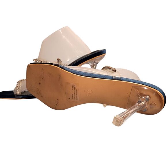 Cape Robbin Teal Satin Acrylic Stiletto Rhinestone Straps Slide On Wedding Heels - Picture 5 of 5